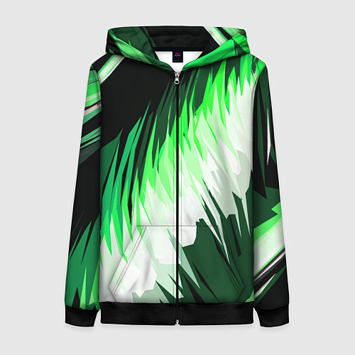 Женская толстовка на молнии Зелёно-белая абстракция на чёрном фоне / 3D-Черный – фото 1