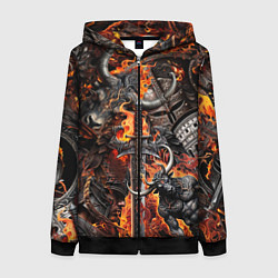 Толстовка на молнии женская Гладиатор и минотавр на фоне огня мечей и щитов, цвет: 3D-черный