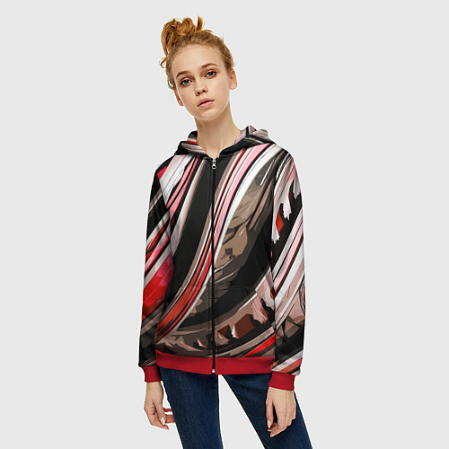 Женская толстовка на молнии Волнистая чёрно-красная абстракция / 3D-Красный – фото 3