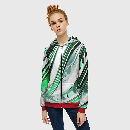 Женская толстовка на молнии Волнистая бело-зелёная абстракция / 3D-Красный – фото 3