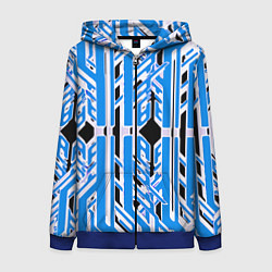 Женская толстовка на молнии Бело-синие техно полосы на чёрном фоне