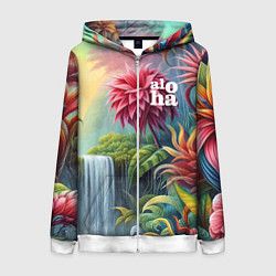Толстовка на молнии женская Гавайские тропические цветы - алоха, цвет: 3D-белый