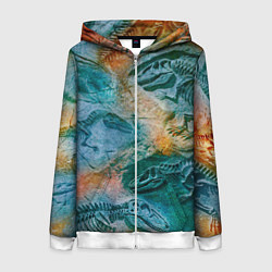 Толстовка на молнии женская Окаменелые динозавры, тропический зеленый, цвет: 3D-белый