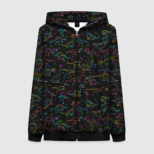 Женская толстовка на молнии Кислотные динозаврики / 3D-Черный – фото 1