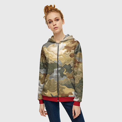 Женская толстовка на молнии Золотистый камуфляж / 3D-Красный – фото 3