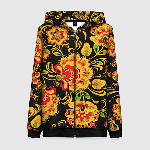 Женская толстовка на молнии Хохлома - роспись / 3D-Черный – фото 1