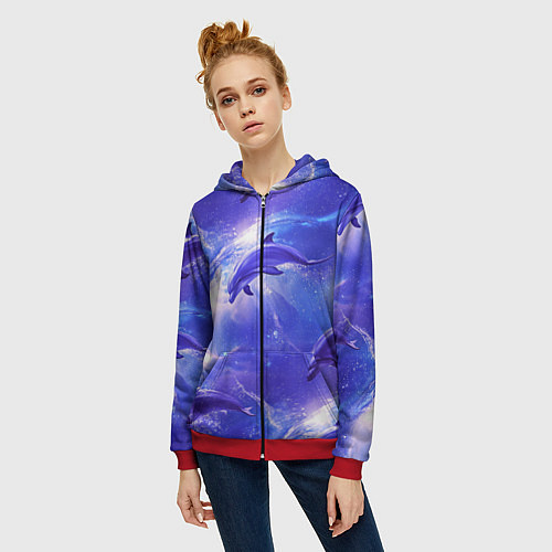 Женская толстовка на молнии Дельфины в волшебном море паттерн / 3D-Красный – фото 3