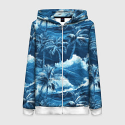 Толстовка на молнии женская Пальмы и волны - голубые оттенки паттерн, цвет: 3D-белый