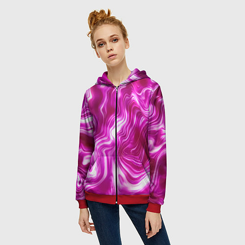 Женская толстовка на молнии Завихрения - оттенки розового и белого / 3D-Красный – фото 3