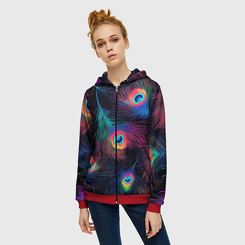 Женская толстовка на молнии Павлиньи перья - разные оттенки / 3D-Красный – фото 3