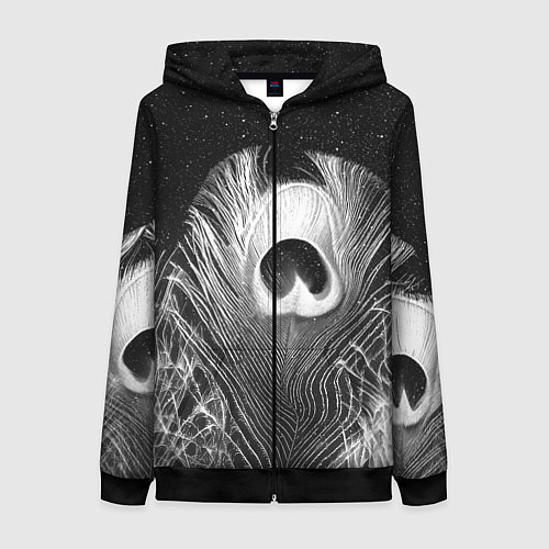 Женская толстовка на молнии Изогнутые белые перья павлина - чб иллюстрация / 3D-Черный – фото 1