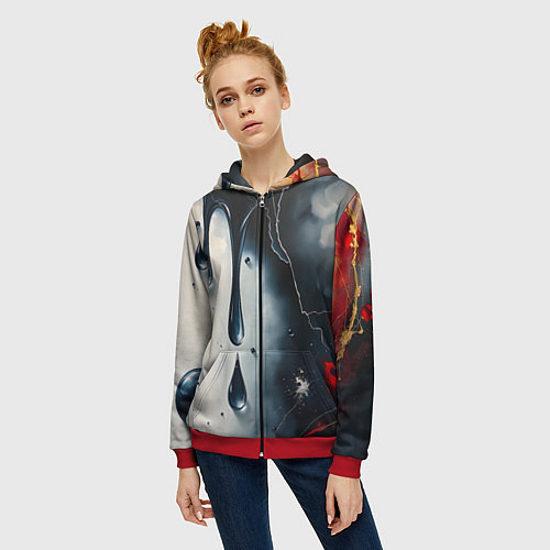 Женская толстовка на молнии Сюрреалистичная абстракция с каплями / 3D-Красный – фото 3