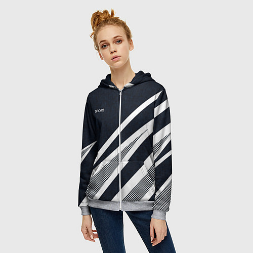 Женская толстовка на молнии Sport тёмно-синий с полосами / 3D-Меланж – фото 3