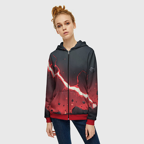Женская толстовка на молнии Красная молния на черной текстуре / 3D-Красный – фото 3