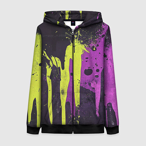 Женская толстовка на молнии Желтая и фиолетовая краска на черном / 3D-Черный – фото 1