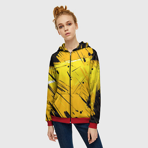 Женская толстовка на молнии Желтая краска на черном фоне / 3D-Красный – фото 3
