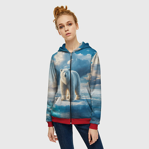 Женская толстовка на молнии Полярный медведь на льдине / 3D-Красный – фото 3