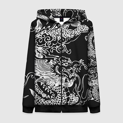 Женская толстовка на молнии Белый дракон на черном / 3D-Черный – фото 1