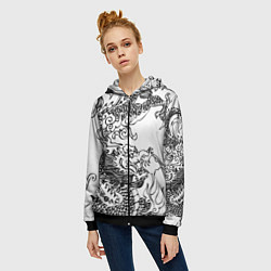 Толстовка на молнии женская Татуировка дракона на белом, цвет: 3D-черный — фото 2