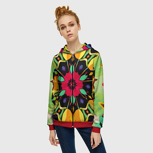 Женская толстовка на молнии Салатовый калейдоскоп / 3D-Красный – фото 3