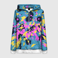Толстовка на молнии женская Брызги краски розовой желтой и темно синей, цвет: 3D-белый