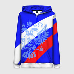 Женская толстовка на молнии Герб России на фоне триколора синий