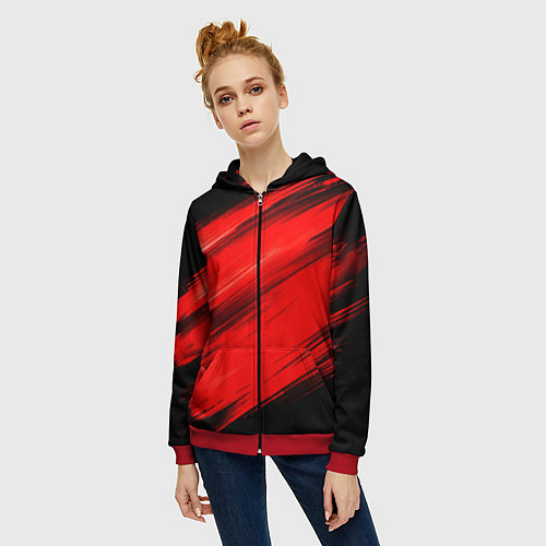 Женская толстовка на молнии Красные мазги краски на черном / 3D-Красный – фото 3
