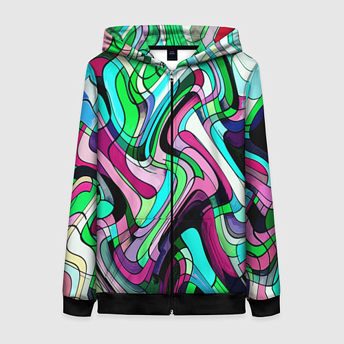 Женская толстовка на молнии Зелёно-розовый искажённая абстракция / 3D-Черный – фото 1