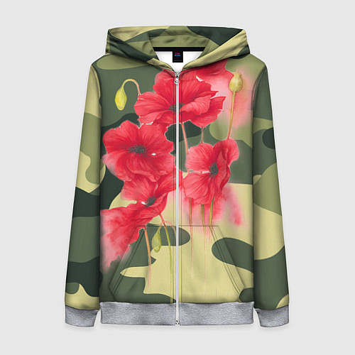 Женская толстовка на молнии Камуфляж с маками / 3D-Меланж – фото 1