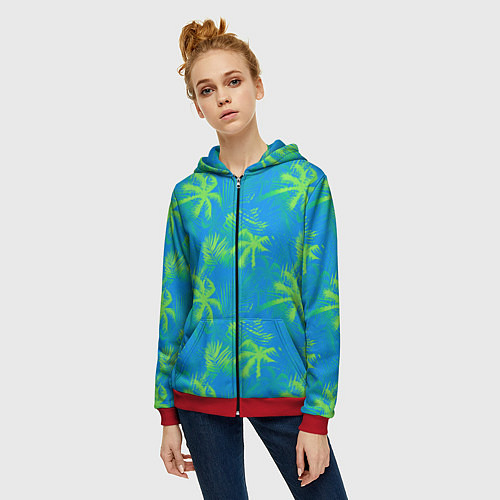 Женская толстовка на молнии Palm light green light blue / 3D-Красный – фото 3