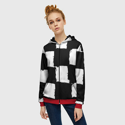 Женская толстовка на молнии Черные квадраты в виде шахматной доски / 3D-Красный – фото 3