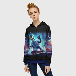 Толстовка на молнии женская Bender is a skateboarder in neon street - ai art, цвет: 3D-синий — фото 2