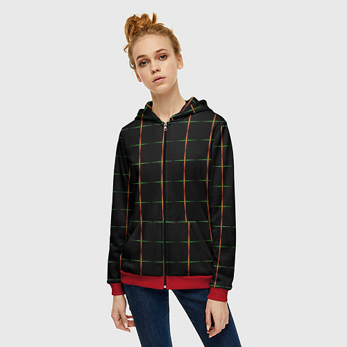 Женская толстовка на молнии Color black orange green crosses / 3D-Красный – фото 3