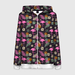 Женская толстовка на молнии Фламинго и листья на темно-синем