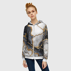 Толстовка на молнии женская Мрамор белый и черный с золотом, цвет: 3D-белый — фото 2