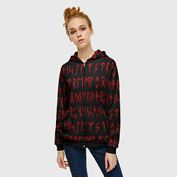 Толстовка на молнии женская Красные символы древних рун крупные - паттерн, цвет: 3D-черный — фото 2