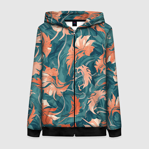 Женская толстовка на молнии Рыже-бирюзовый паттерн с осенними листьями, AI / 3D-Черный – фото 1