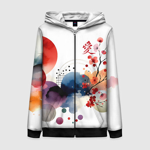 Женская толстовка на молнии Абстрактный Японский паттерн и иероглиф любовь / 3D-Черный – фото 1