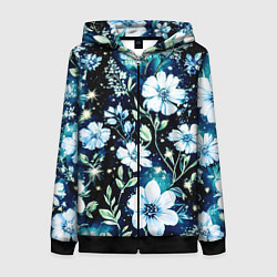 Женская толстовка на молнии Стилизованные цветы сине-зелёный