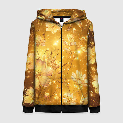 Женская толстовка на молнии Цветочный золотой с искрами / 3D-Черный – фото 1