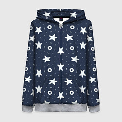 Толстовка на молнии женская Белые кольца и звезды на синем, цвет: 3D-меланж