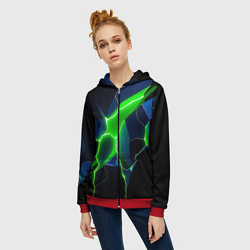 Женская толстовка на молнии Neon green glow / 3D-Красный – фото 3