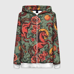 Толстовка на молнии женская Красный конь и розы, цвет: 3D-белый