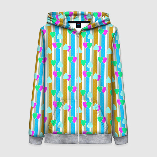 Женская толстовка на молнии Полосатый с сердечками ретро в горошек / 3D-Меланж – фото 1