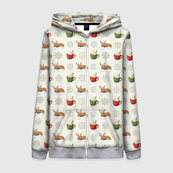 Толстовка на молнии женская Зимний паттерн с оленем и чашками какао, цвет: 3D-меланж