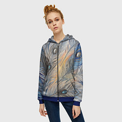 Толстовка на молнии женская Синие перья с самоцветами, цвет: 3D-синий — фото 2