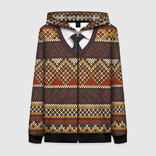 Женская толстовка на молнии Зимний узор с галстуком / 3D-Черный – фото 1