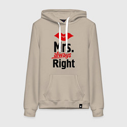 Толстовка-худи хлопковая женская Mrs. always right, цвет: миндальный