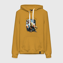 Толстовка-худи хлопковая женская Пивозавриха Динозавр с пивом, цвет: горчичный
