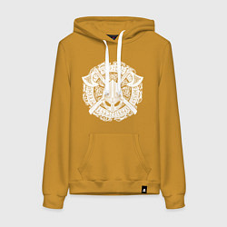 Толстовка-худи хлопковая женская Руны, топоры и шлем, цвет: горчичный